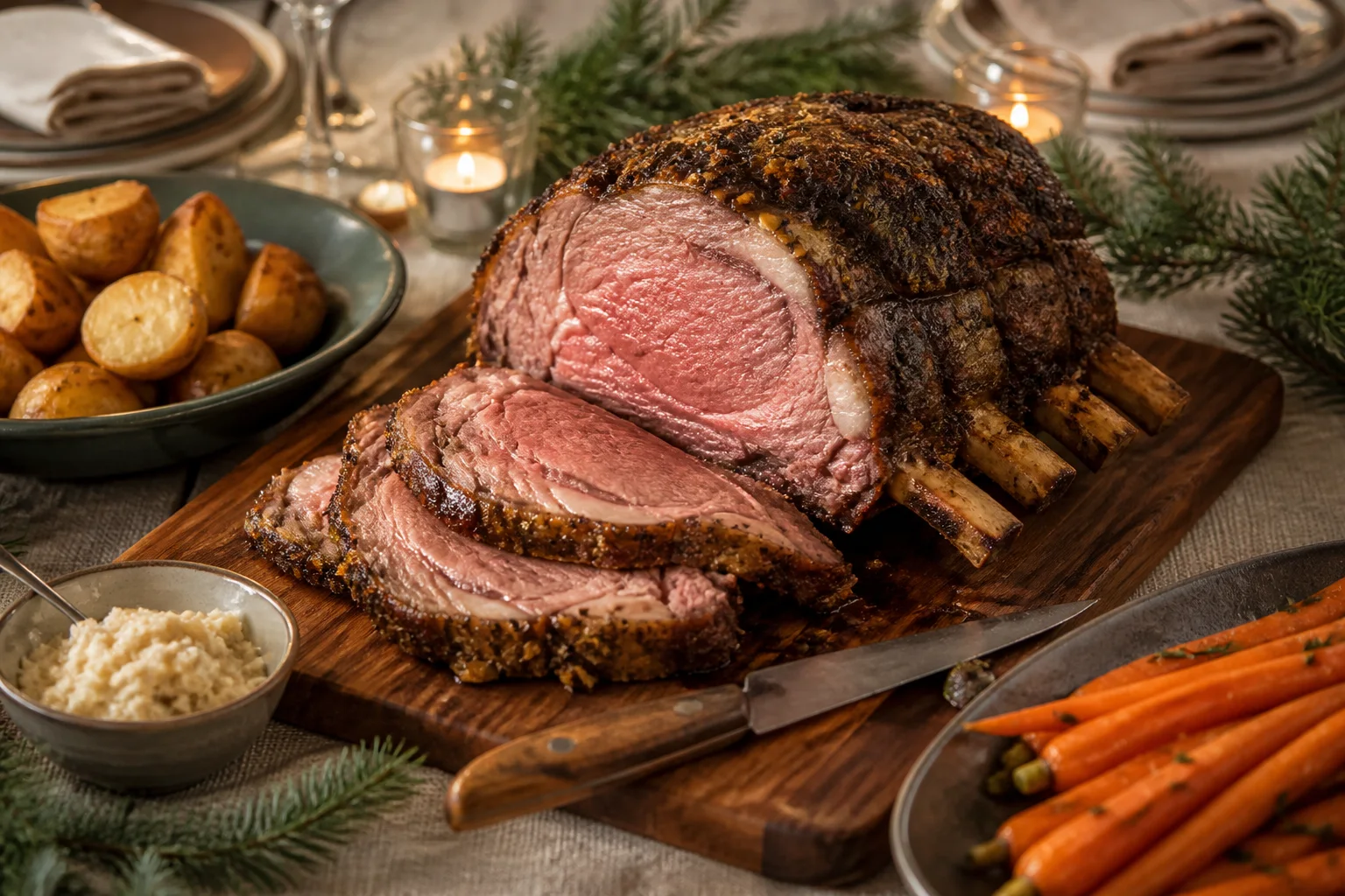 Carved bone-in beef roast with potatoes, carrots and horseradish at a holiday table