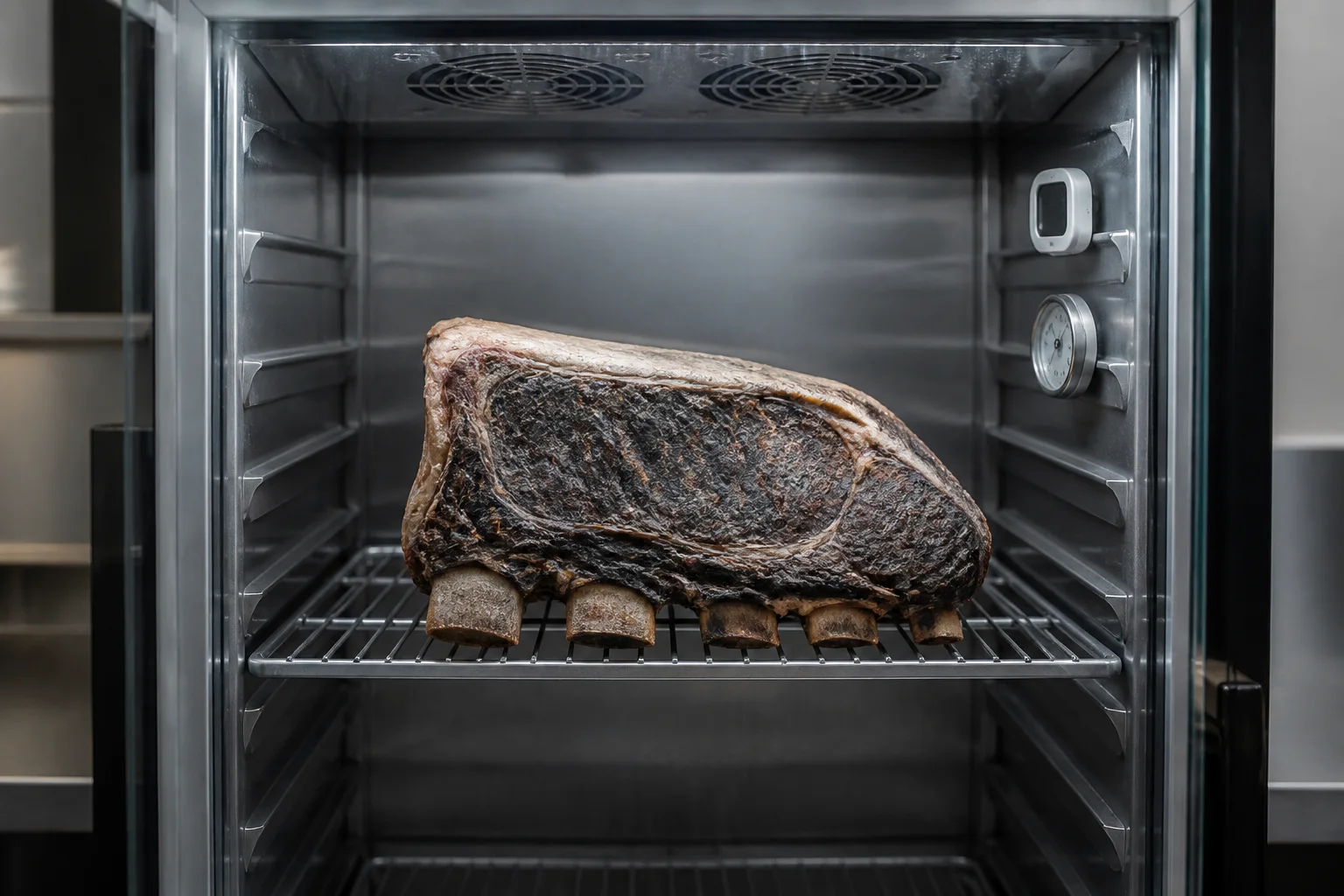 Bone-in beef subprimal in a dedicated monitored dry-aging refrigerator