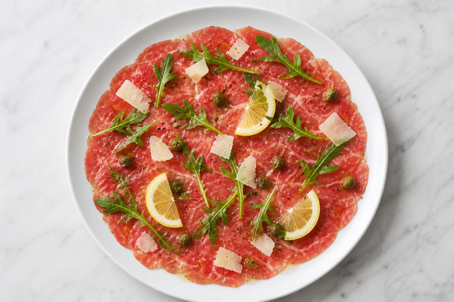 Paper-thin beef carpaccio with arugula, capers, Parmesan and lemon