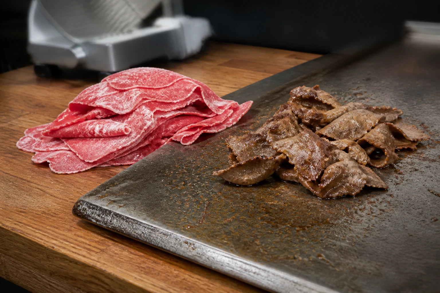 Paper-thin partially frozen chip steak beside quickly browned shaved beef on a steel griddle