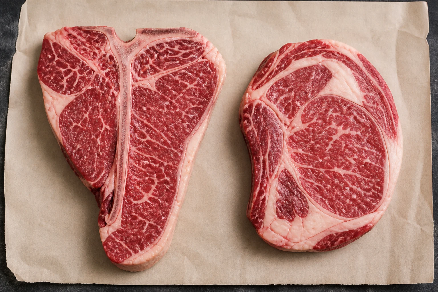Raw porterhouse with strip and tenderloin sides compared with a marbled boneless ribeye