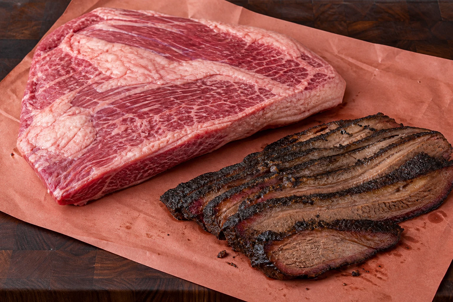 Marbled raw Wagyu brisket beside smoked slices with rendered fat and dark bark
