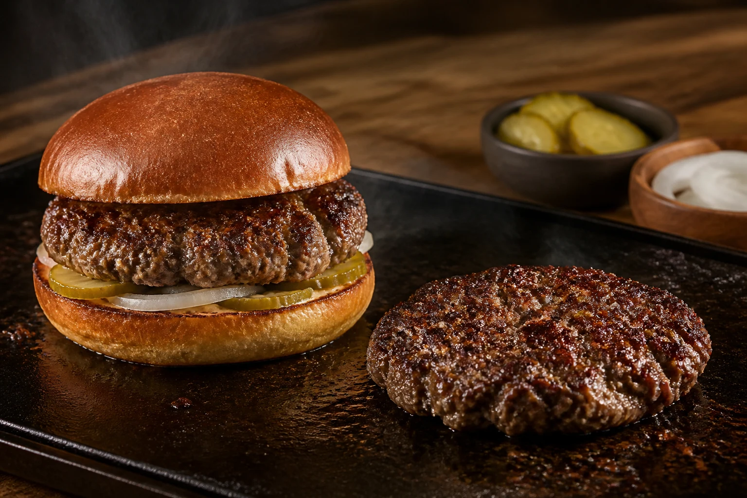 Browned Wagyu beef burger on a restrained bun beside a plain cooked patty showing its coarse grind