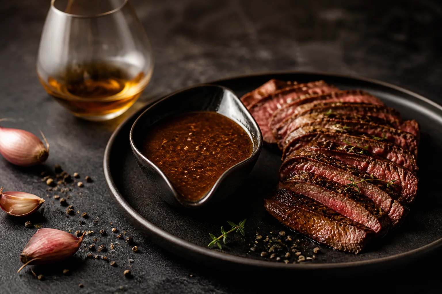 Glossy bourbon steak sauce beside sliced medium-rare steak and an unbranded tasting glass