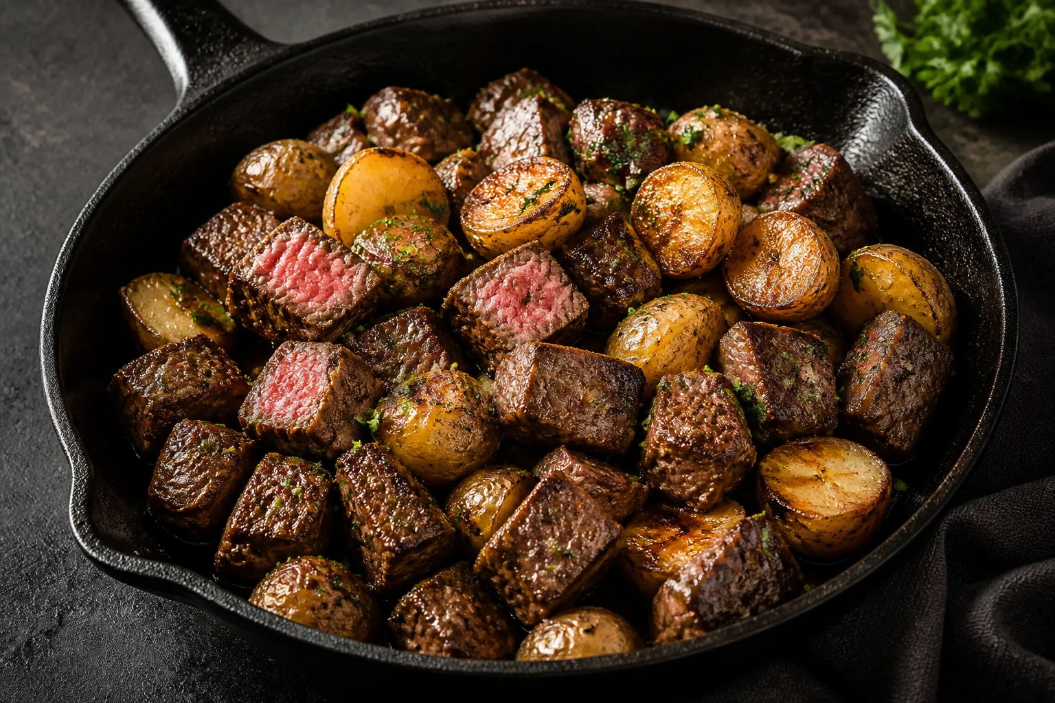Cast-iron skillet of browned steak bites and crisp golden baby potatoes