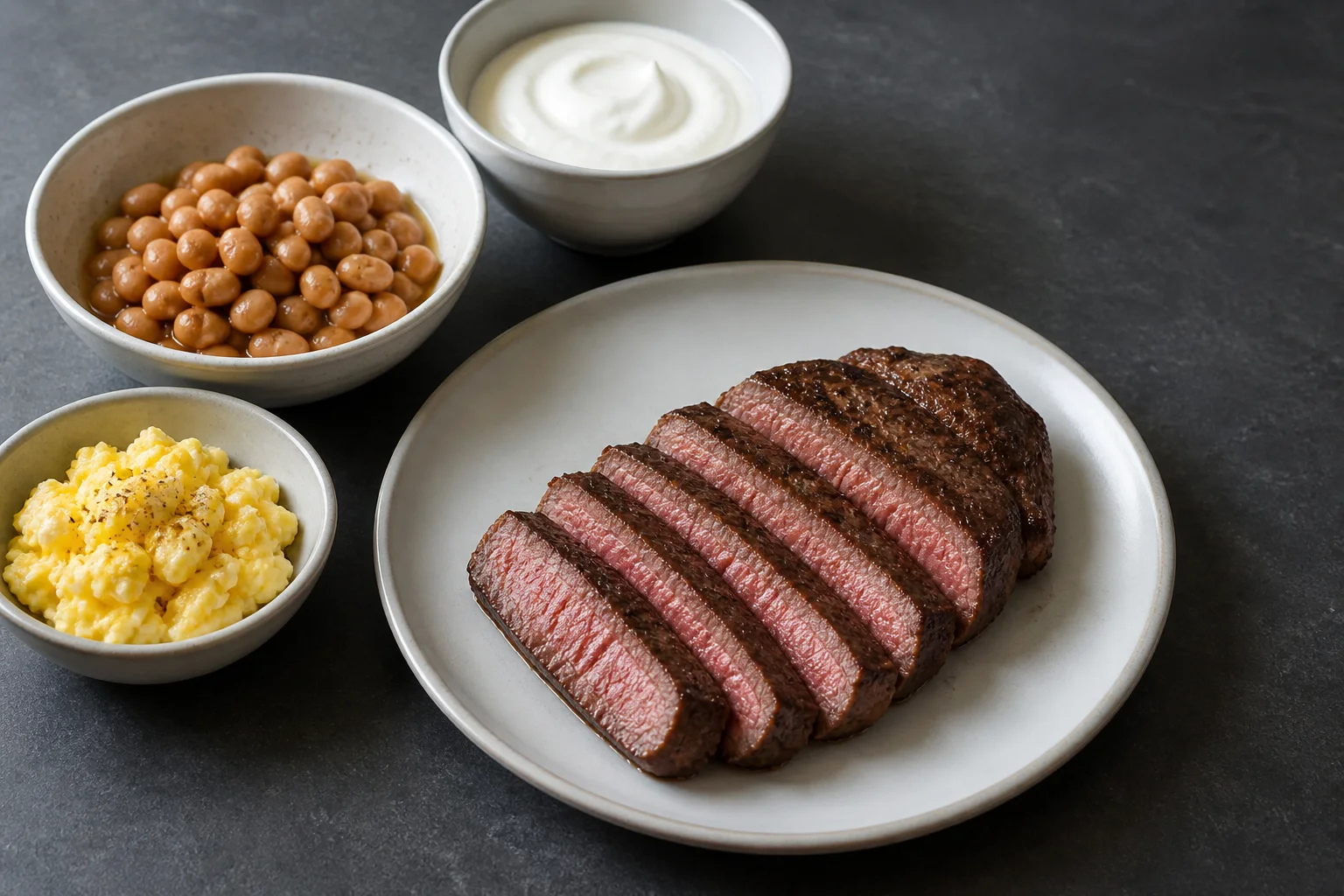 Sliced steak with eggs, chickpeas and yogurt arranged as a practical protein comparison