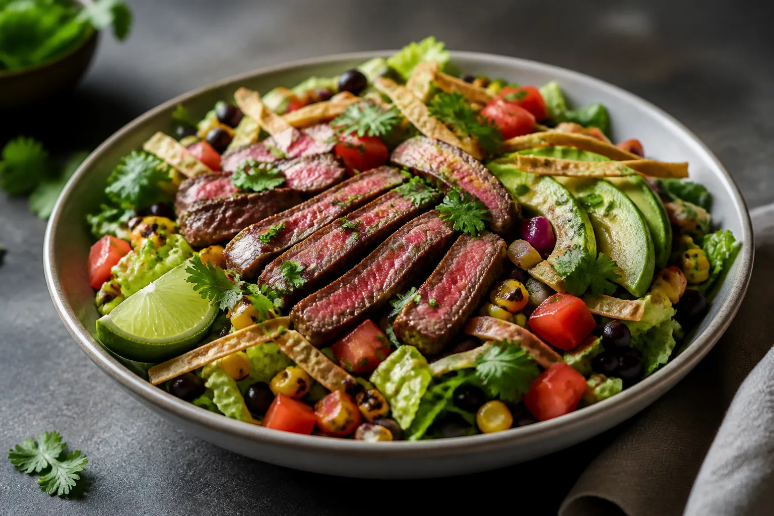 Steak taco salad with romaine, corn, black beans, avocado, tomato, lime and tortilla strips