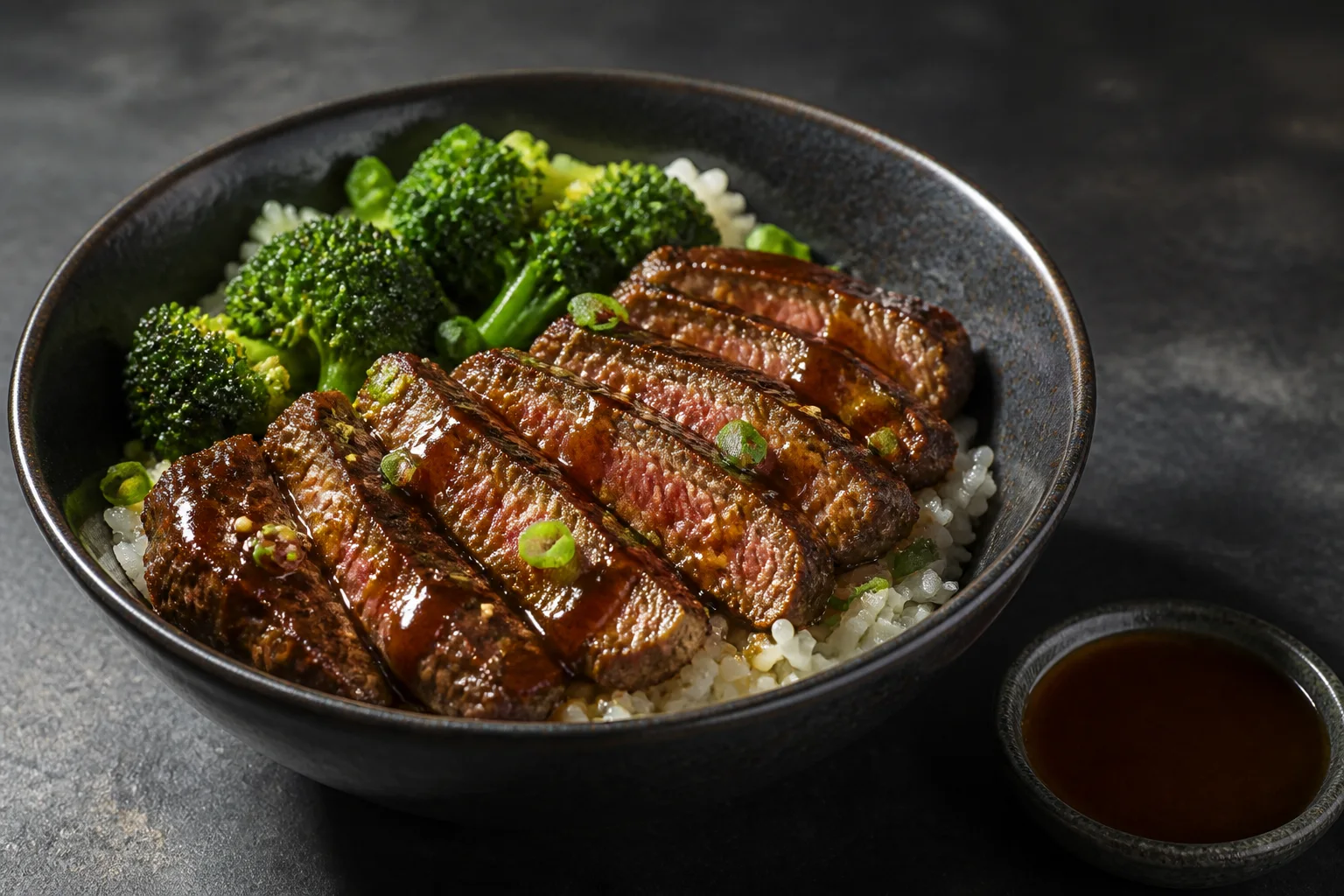 Teriyaki steak bowl with glossy sliced beef, rice, broccoli, scallions and sesame