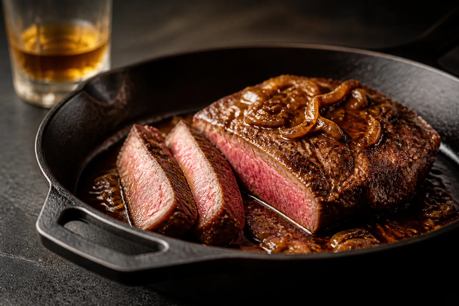 Cast-iron whiskey steak with caramelized shallots and a glossy pan sauce