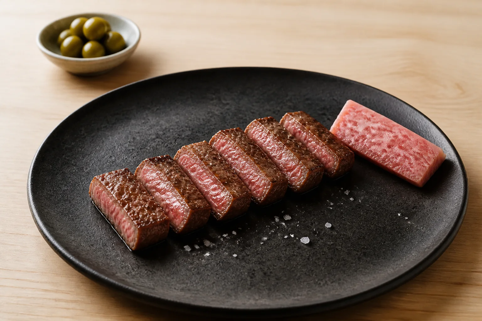 Small tasting portion of richly marbled olive-fed Japanese Wagyu steak