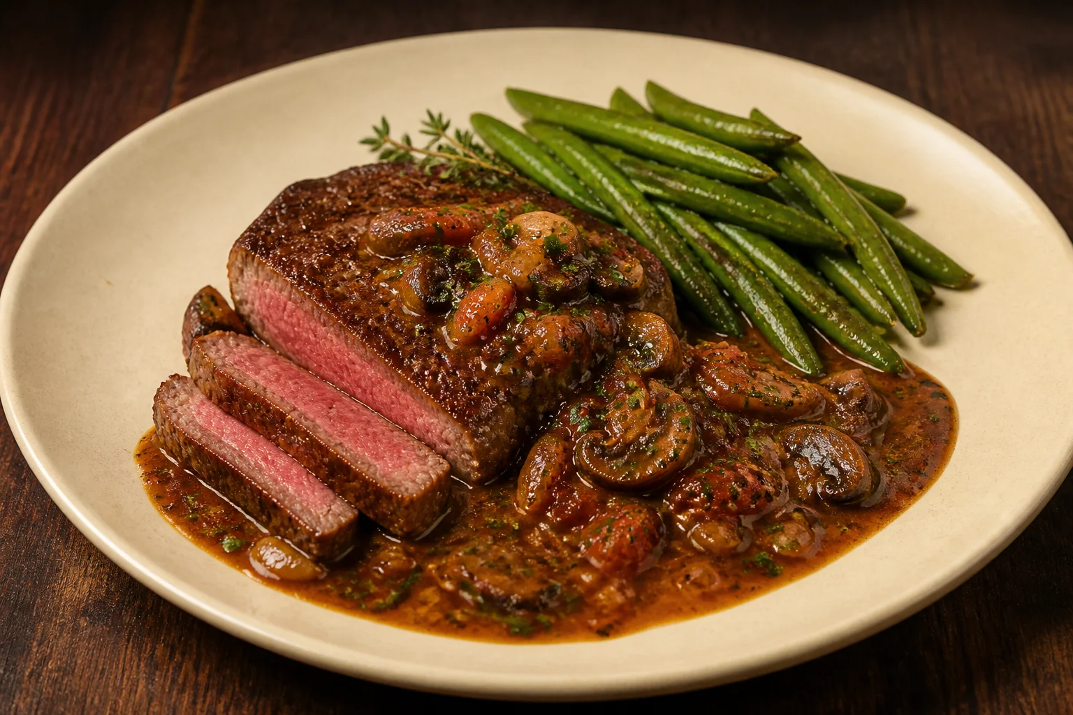 Pan-seared steak with concentrated mushroom, shallot, tomato and herb chasseur sauce