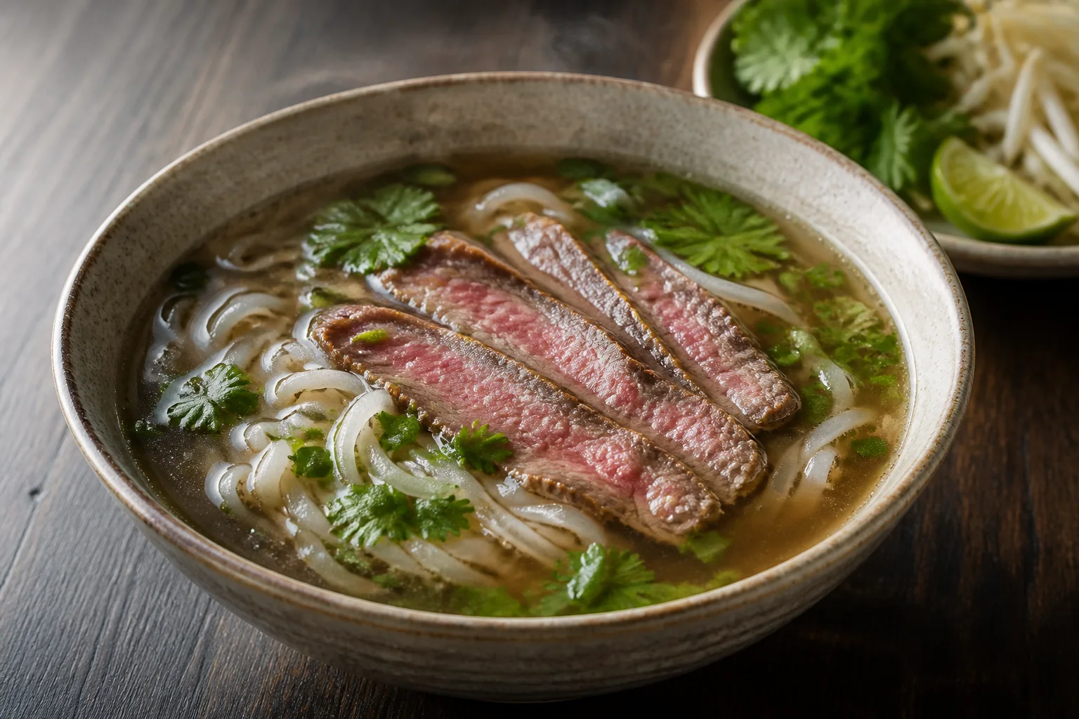 Clear beef pho broth with flat rice noodles, sliced steak, onion and herbs