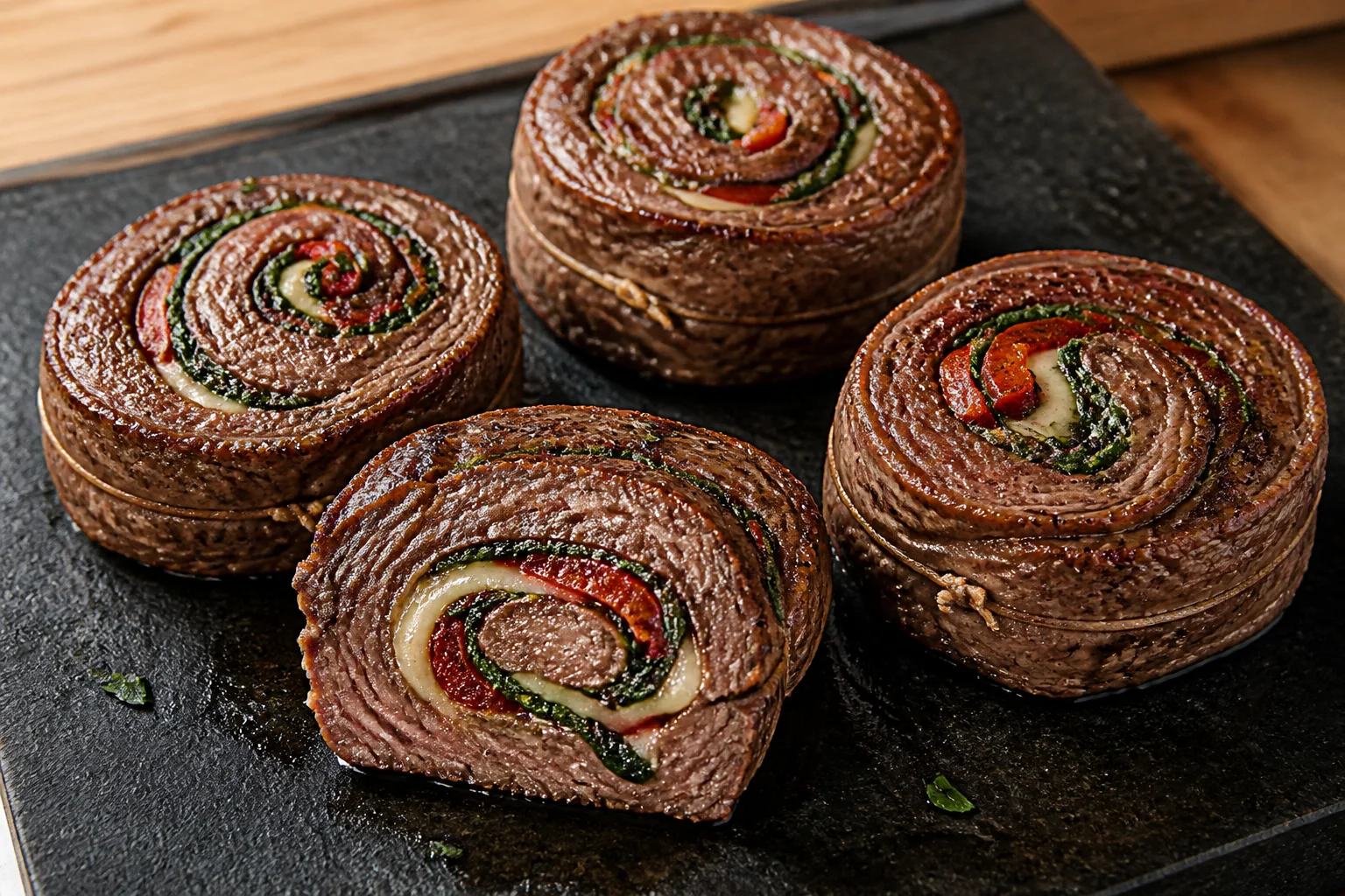 Cooked steak pinwheels spiraled around spinach, roasted pepper and cheese