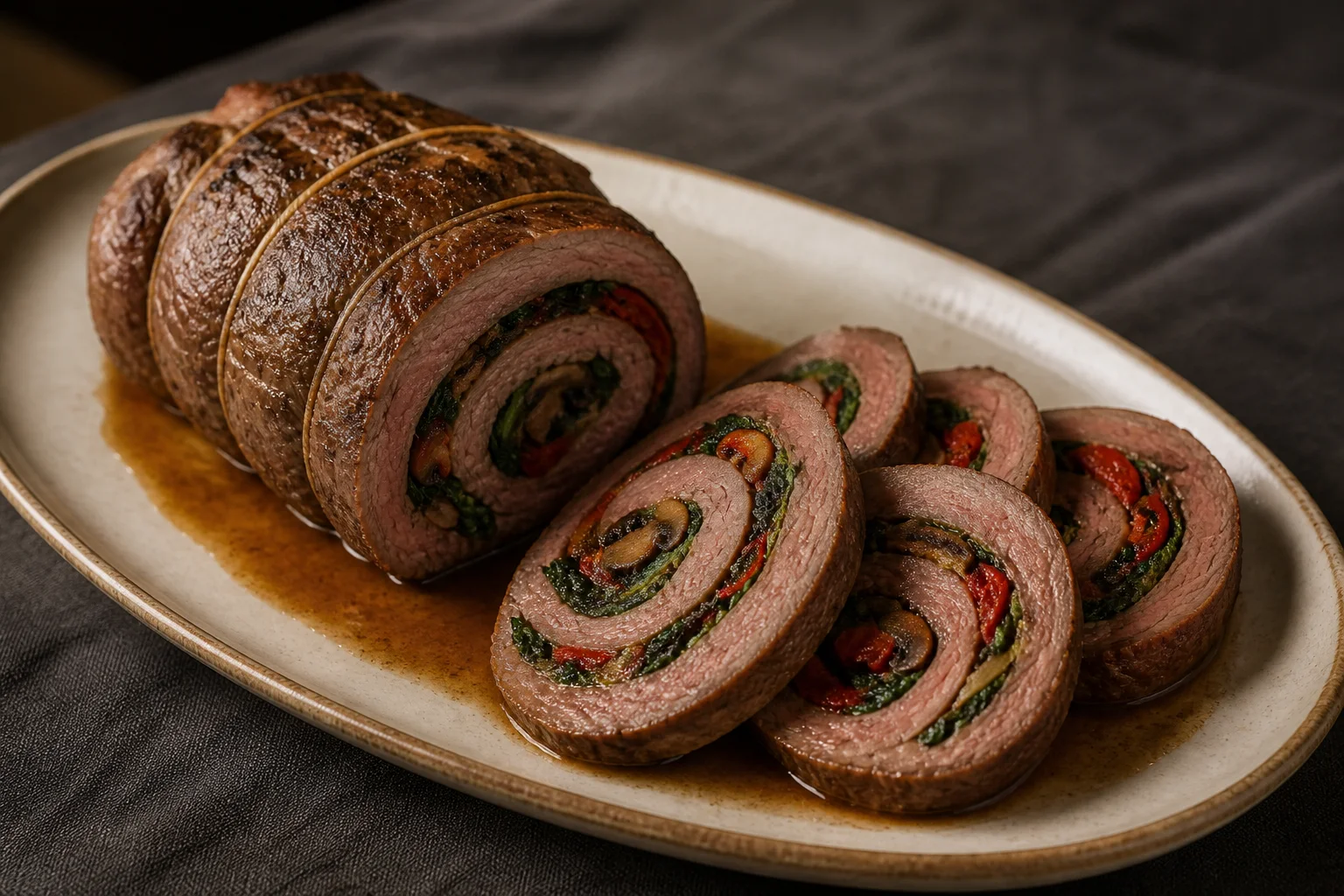 Sliced beef roulade rolled around spinach, mushrooms and roasted peppers