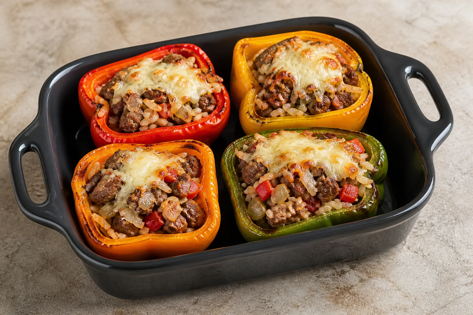 Roasted bell peppers filled with chopped steak, rice, onion and tomato