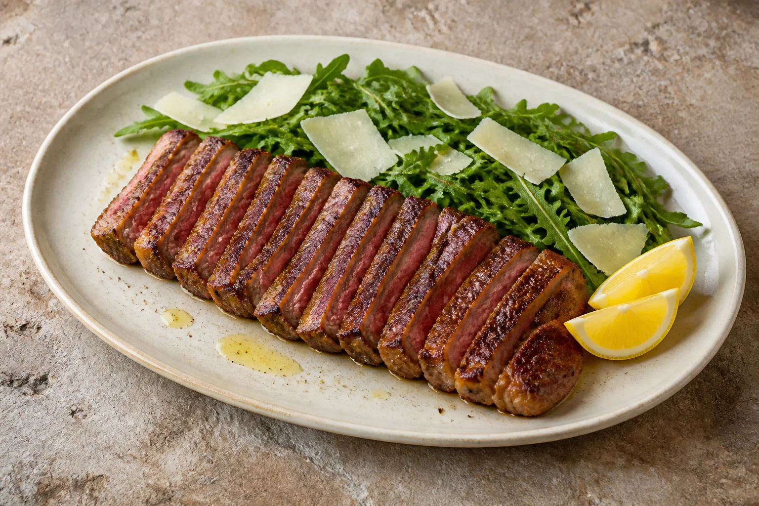 Tagliata di manzo sliced across the grain with arugula, Parmesan and lemon