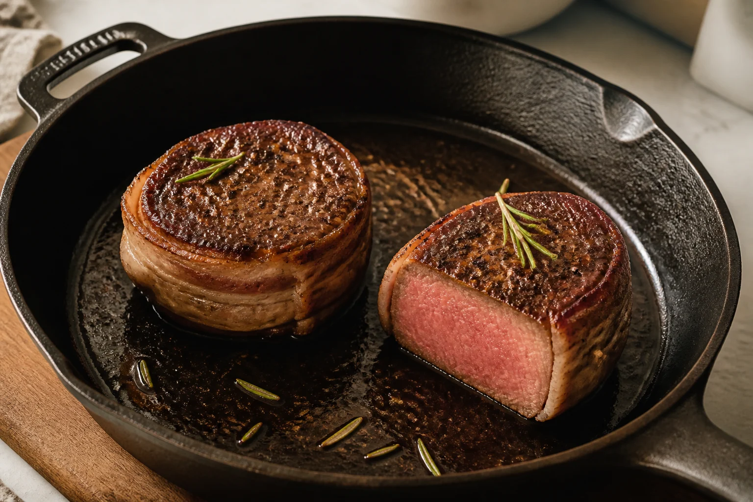 Two bacon-wrapped filet mignon steaks with rendered bacon and one cut to show the center
