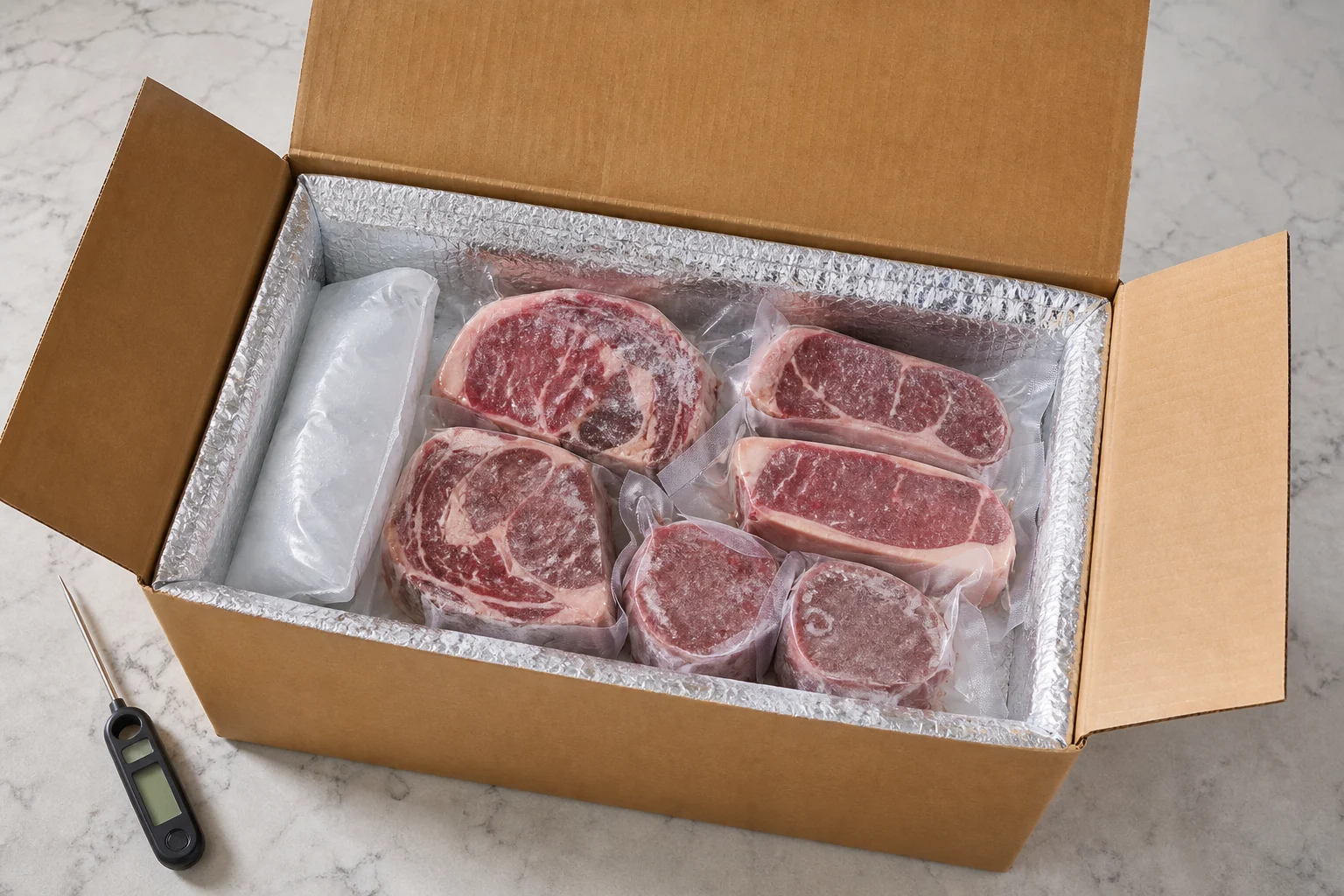 Opened insulated steak delivery box with sealed frozen steaks, cold pack and thermometer