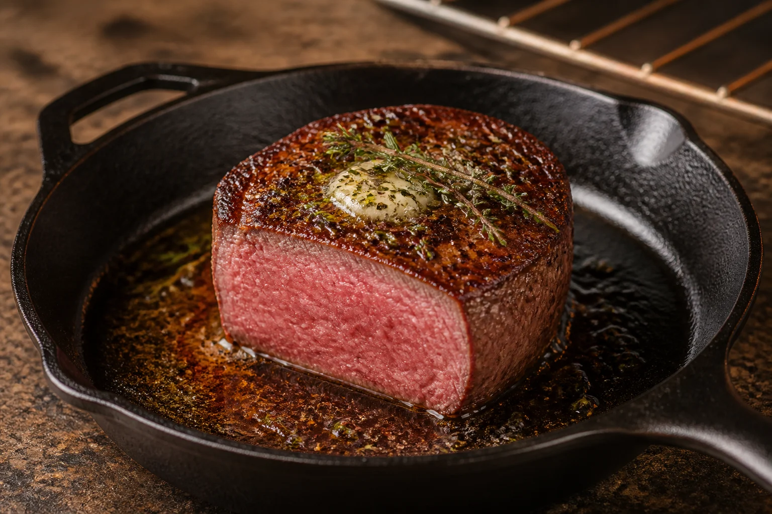 Thick reverse-seared filet mignon with an even pink center and dark skillet crust
