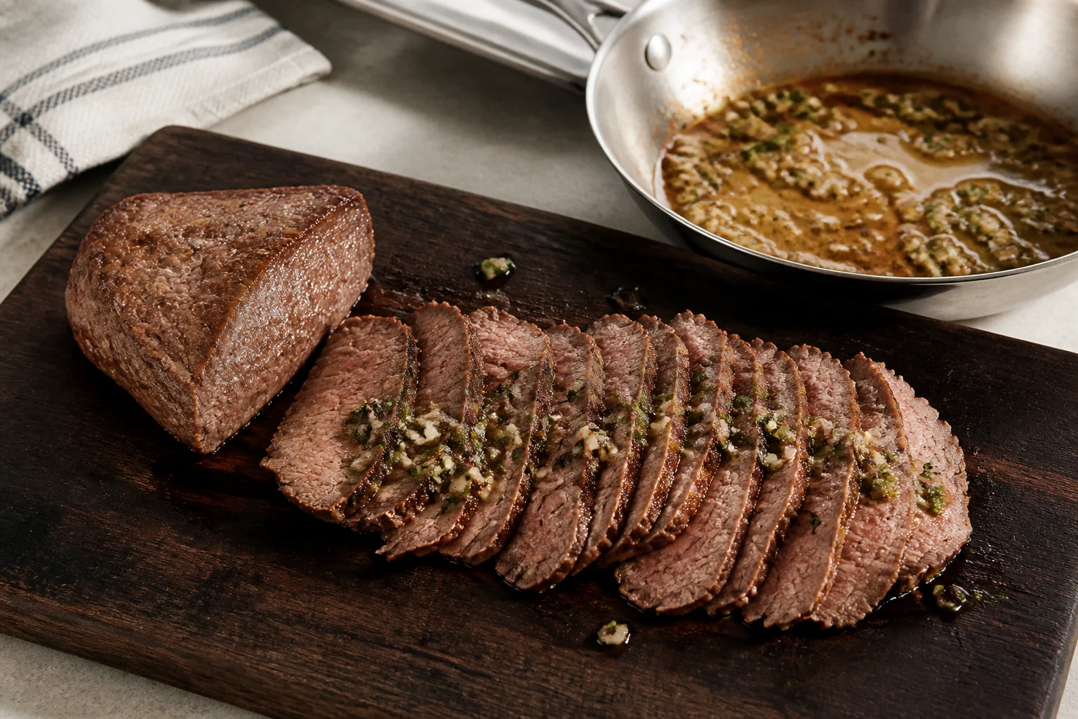 Lean sirloin tip steak sliced thinly across the grain with garlic herb pan sauce