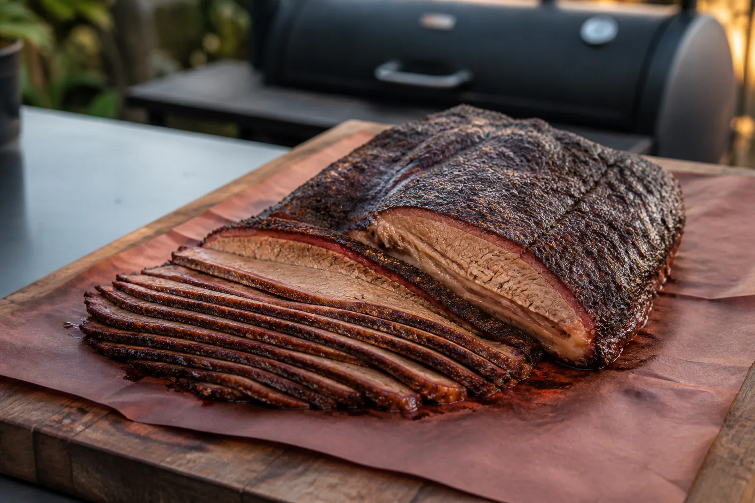 Whole smoked beef brisket with dark bark and evenly sliced flat