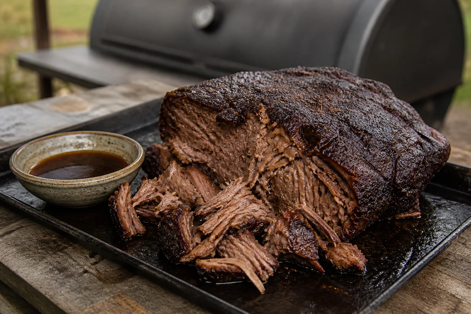 Smoked chuck roast with dark bark and fork-tender beef fibers