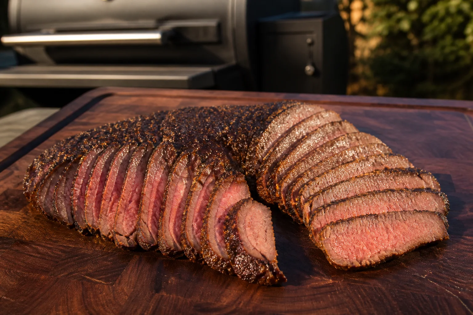Smoked tri-tip divided and sliced across its two changing grain directions