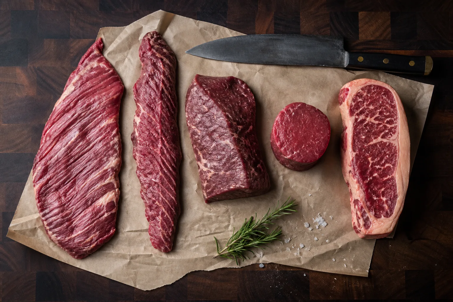 Flank, skirt, flat iron, filet mignon and strip steaks arranged on butcher paper